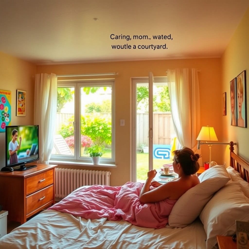 A cozy bedroom during the summer, where a person is comfortably watching a movie