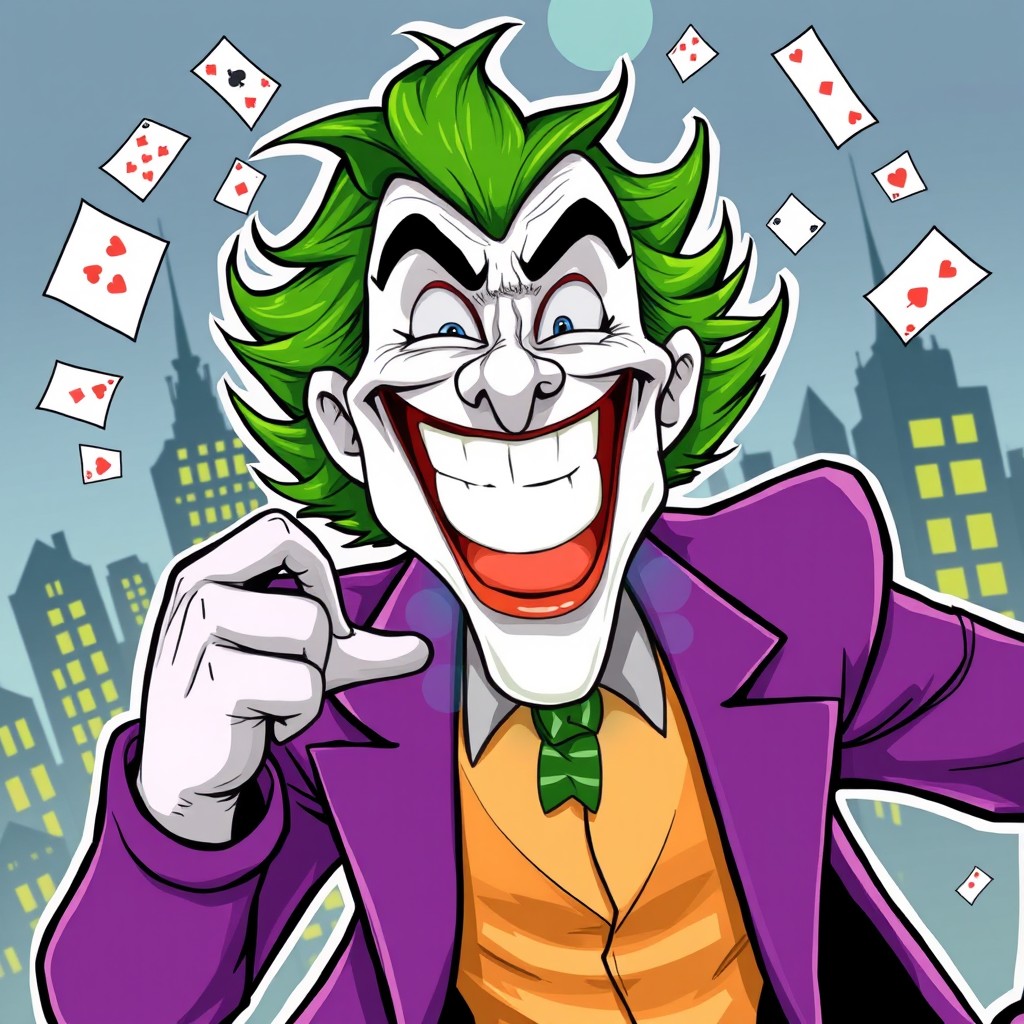 A dynamic illustration of the Joker from Batman in his animated style, featuring his iconic green hair, white skin, and purple suit