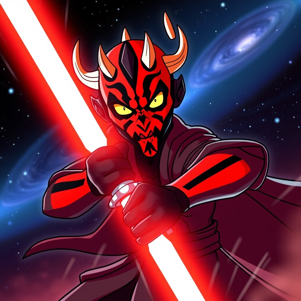 A stylized animated depiction of Darth Maul from Star Wars, showcasing his iconic red and black face paint, menacing yellow eyes, and intricate horned head