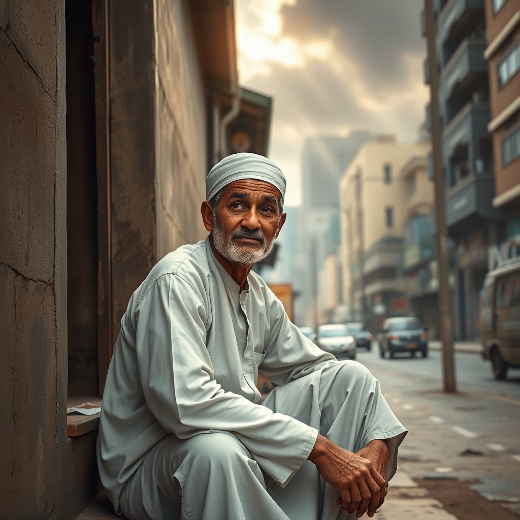 A poignant scene depicting the resilience of a poor Muslim individual in an urban setting