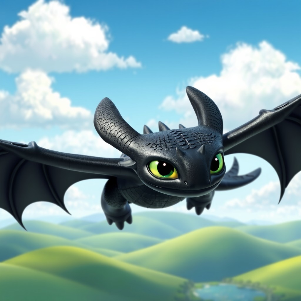 A beautifully rendered animation style illustration of Toothless, the Night Fury dragon from How to Train Your Dragon