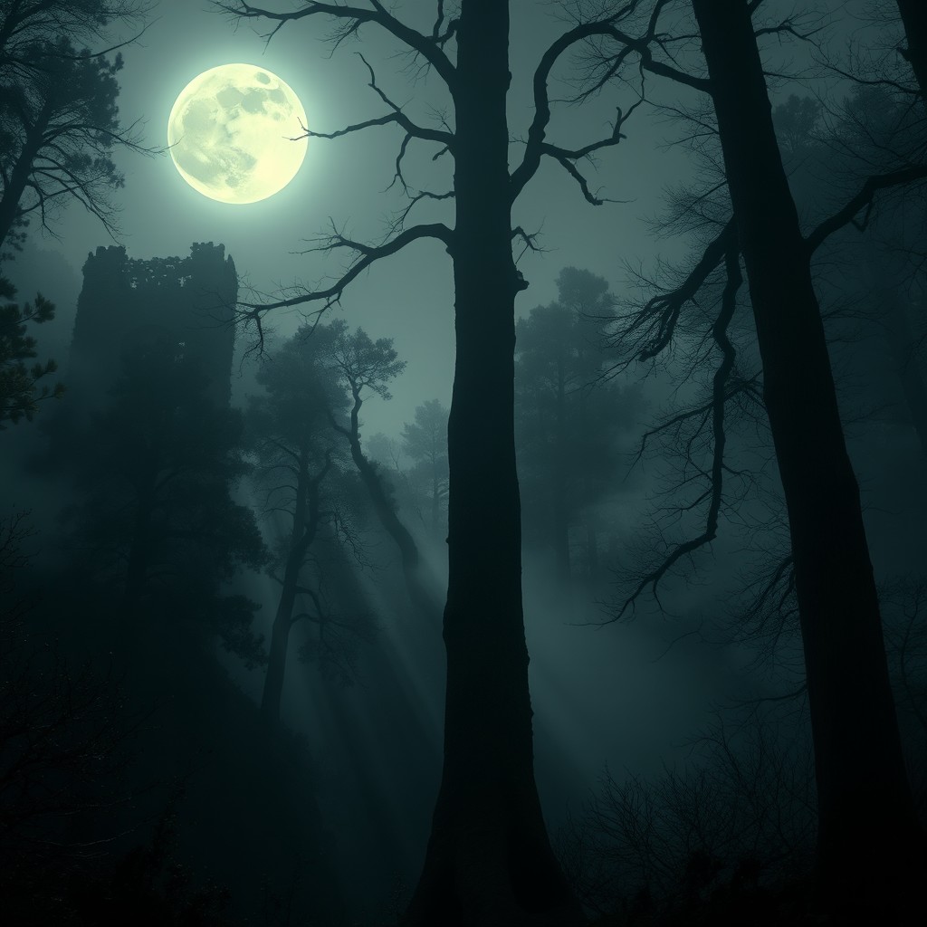 A dark and mysterious forest scene, featuring a dense fog enveloping the trees