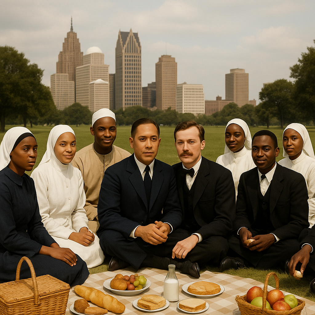 Make an image of these two men having a picnic in 1930s Detroit along with a group of male and female black Muslims