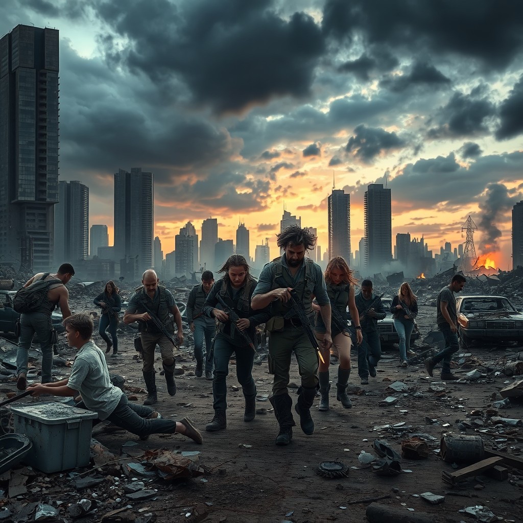 A dramatic apocalyptic city landscape featuring a group of diverse people searching for something amidst the ruins of crumbling skyscrapers and abandoned vehicles