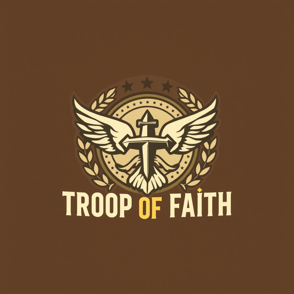 A logo design that symbolizes worship and incorporates themes of ROTC (Reserve Officers' Training Corps), scouting, and troop unity