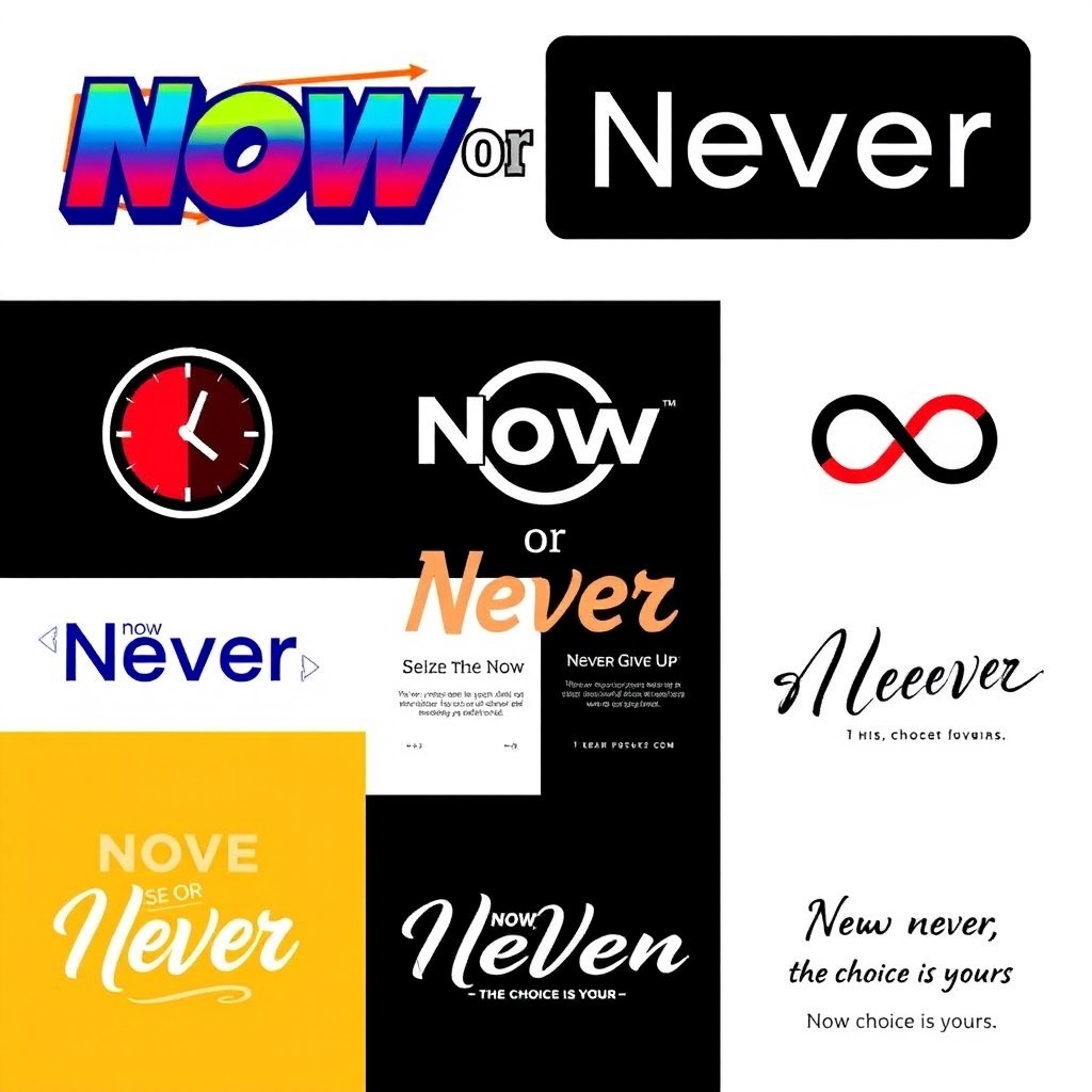 A vibrant and striking design embodiment of the phrase "Now or Never" showcased through various typography and imagery styles