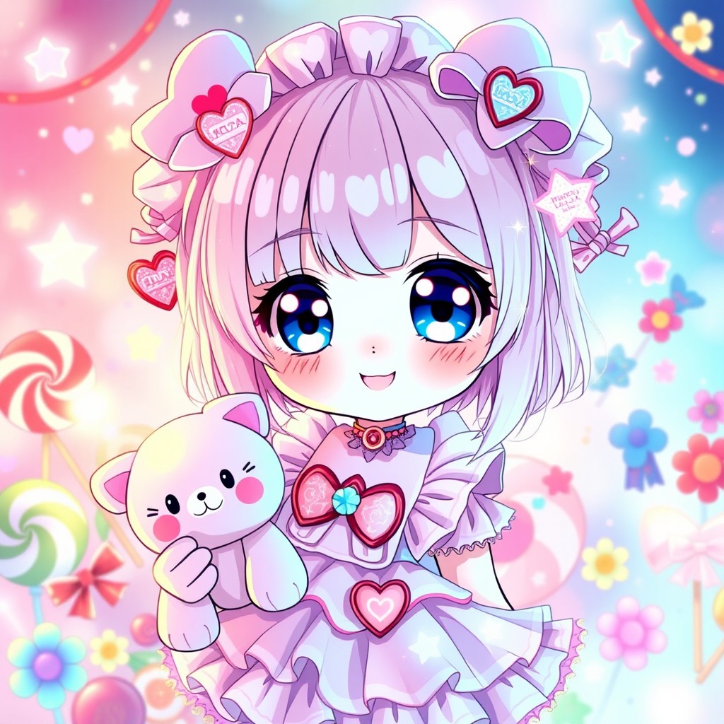 A kawaii anime girl with large sparkling eyes and pastel-colored hair, wearing a cute, frilly outfit adorned with hearts and stars