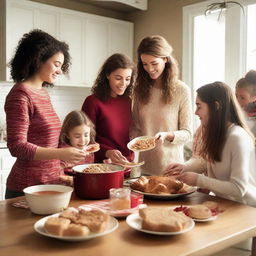 A warm and festive scene of a family comprised of one parent and three teenage daughters preparing a holiday feast in a cozy kitchen, garnished with seasonal decorations while exchanging wrapped gifts