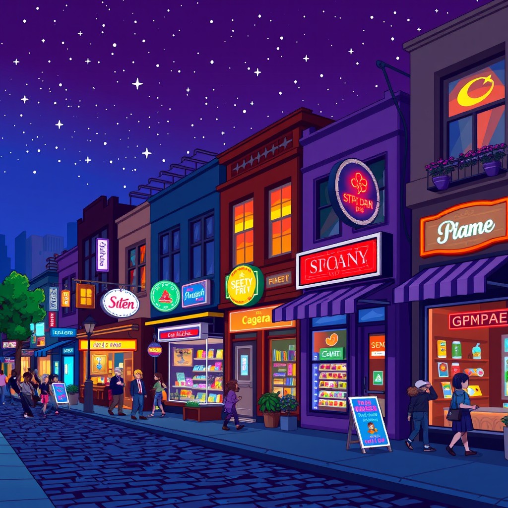 A vibrant pixel art scene depicting city shops at night