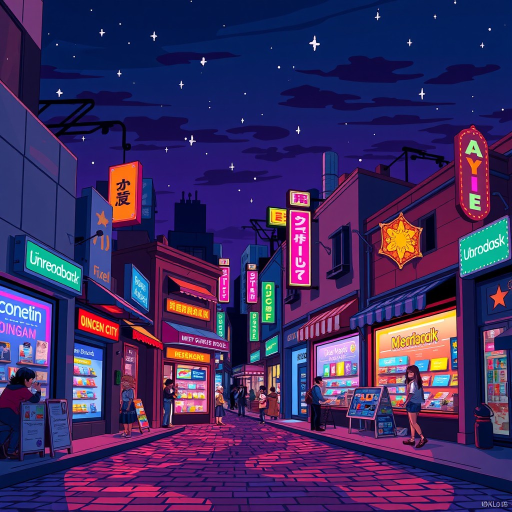 A vibrant 2D pixel art scene depicting city shops at night