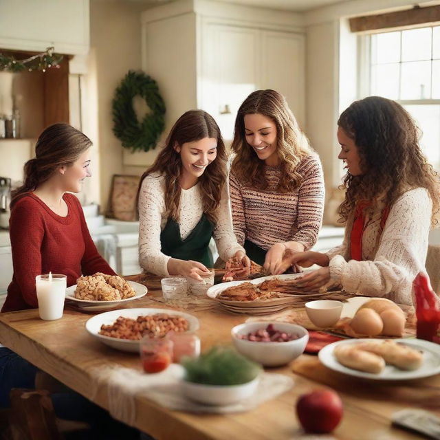 A warm and festive scene of a family comprised of one parent and three teenage daughters preparing a holiday feast in a cozy kitchen, garnished with seasonal decorations while exchanging wrapped gifts