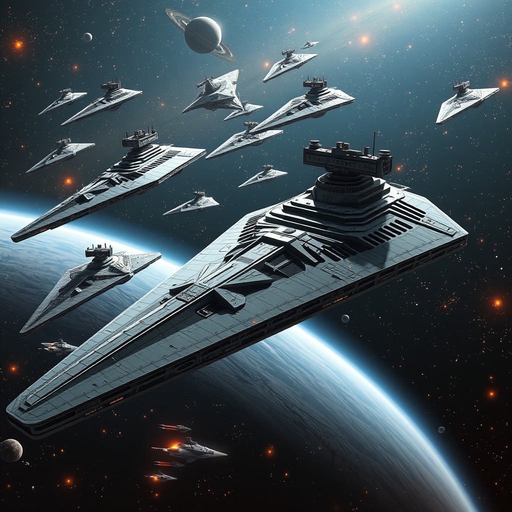 A stunning visual of a fleet of Star Destroyers, portraying these immense warships in a grand formation in space