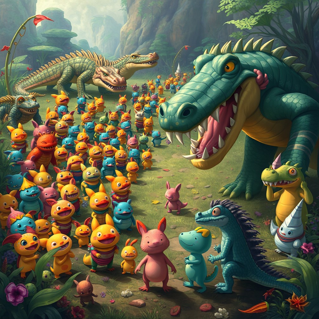 A vibrant and whimsical scene depicting an army of 'tralaleritos', which are small, colorful creatures with playful expressions, standing ready for a battle against an army of 'bombardinilus crocodilus', which are large, imposing, crocodile-like beings with armored scales and fierce looks