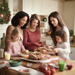 A warm and festive scene of a family comprised of one parent and three teenage daughters preparing a holiday feast in a cozy kitchen, garnished with seasonal decorations while exchanging wrapped gifts