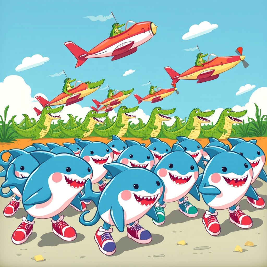 A whimsical and playful illustration showcasing an army of baby sharks wearing colorful sneakers, ready to take action with determination and cuteness