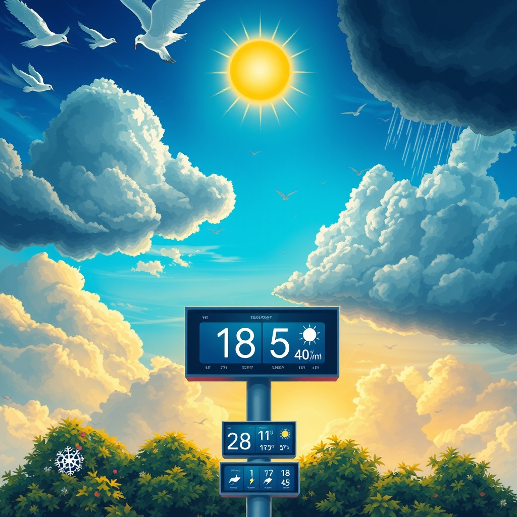 A stunning and visually captivating illustration of a weather forecast scene, featuring a vibrant sky with dramatic cloud formations, a bright sun shining in one corner, and dark rain clouds looming in another