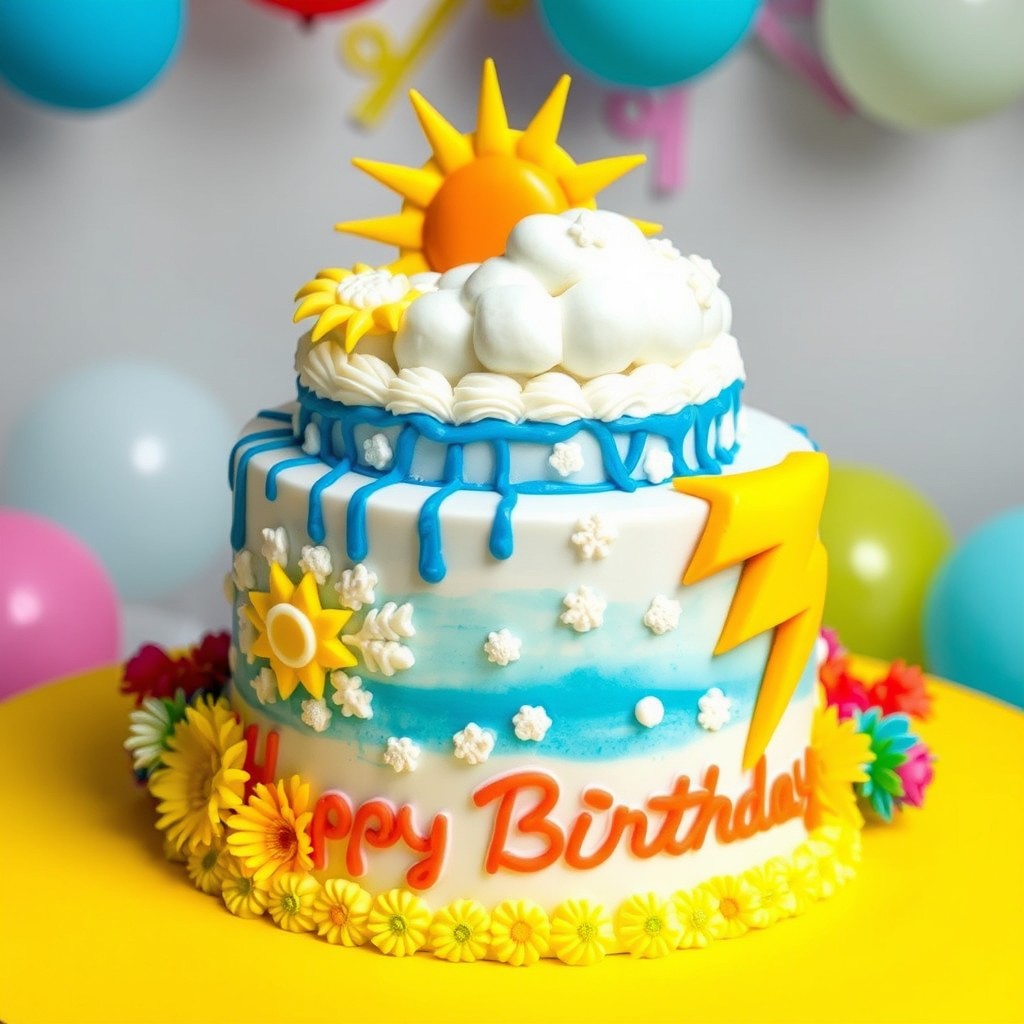 A beautifully crafted round birthday cake themed around weather forecasting