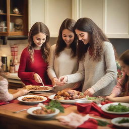 A warm and festive scene of a family comprised of one parent and three teenage daughters preparing a holiday feast in a cozy kitchen, garnished with seasonal decorations while exchanging wrapped gifts