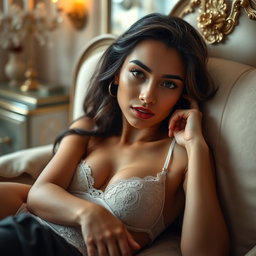 A captivating young woman, 18 years old, of mixed Latina and Arabic descent, featuring a petite, skinny frame with tan skin and a small bust