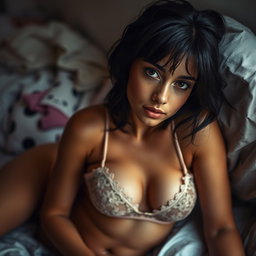 A captivating young woman, 18 years old, of mixed Latina and Arabic descent, featuring a petite, skinny frame with tan skin and a small bust