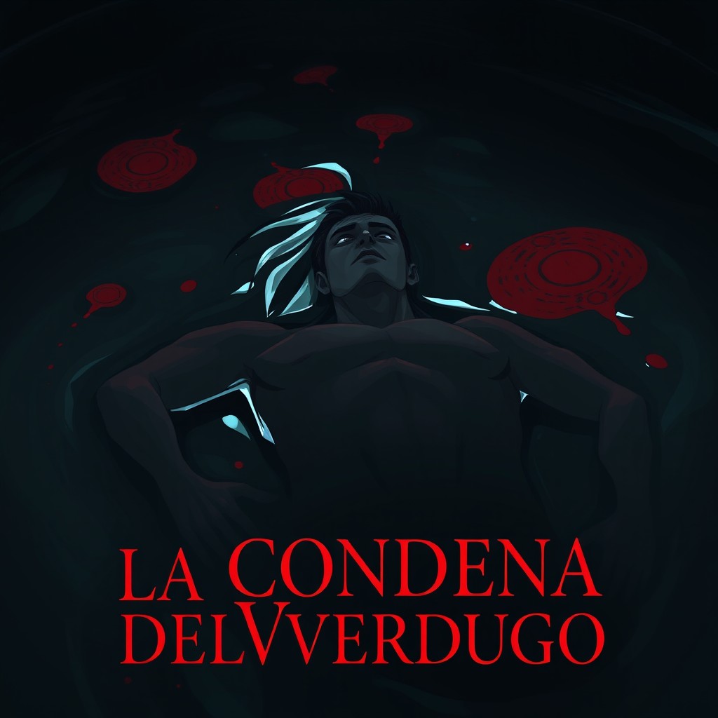 A dark and moody animated mafia-themed cover featuring a detailed character of a man lying in a pool with deep black and red tones