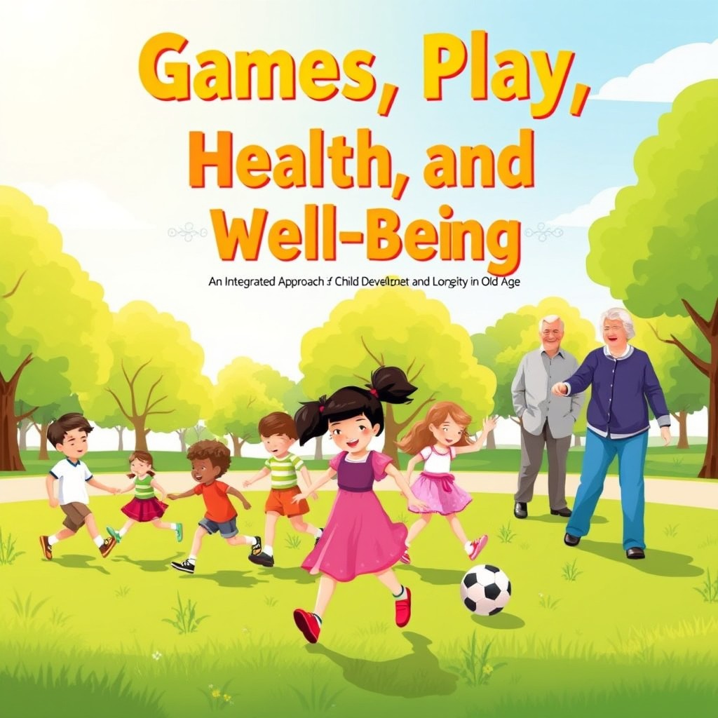 A vibrant and engaging book cover design for 'Games, Play, Health, and Well-Being: An Integrated Approach to Child Development and Longevity in Old Age'