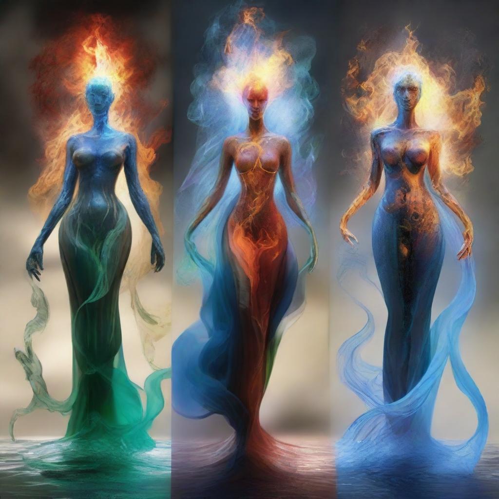 Four elemental forces embodied as humanoid figures. Earth standing strong, Fire crackling with intensity, Water flowing with grace, and Air lifting lightly. They are positioned in a dynamic equilibrium, each element beautifully distinct yet harmoniously balanced.