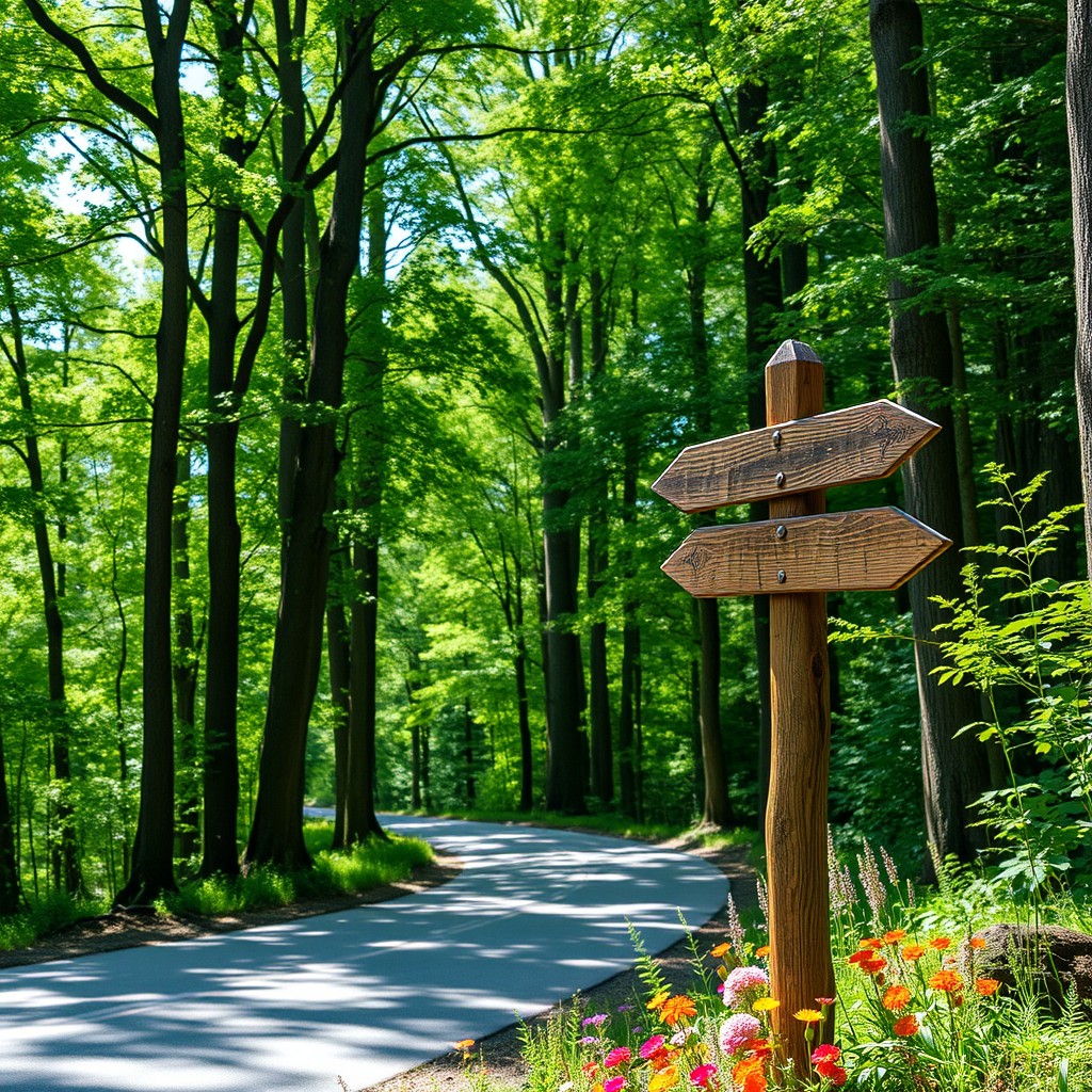 A serene forest road winding through tall, lush trees, dappled sunlight filtering through the leaves