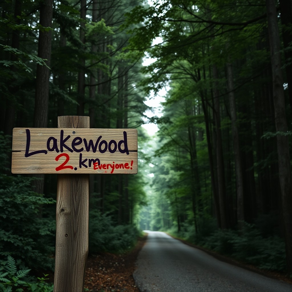 A secluded wooded road surrounded by tall trees with thick greenery, creating a tranquil atmosphere