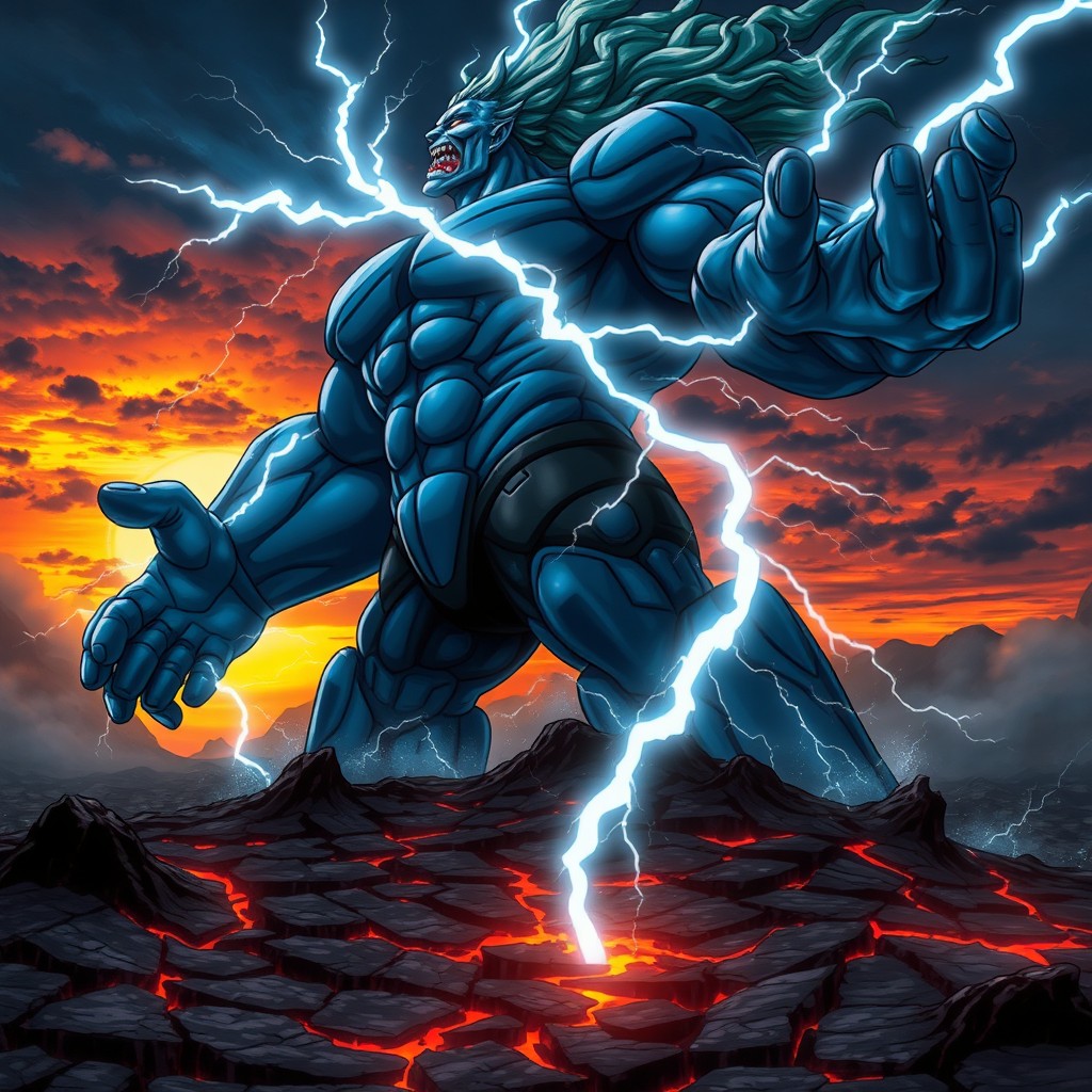 A side view of an animated titan with immense thunderous power, towering over a dramatic landscape