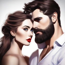 A high-quality, realistic digital art piece that compellingly depicts a woman's obsession with a handsome, bearded man