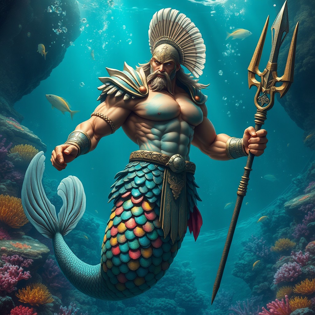 A powerful merman warrior inspired by ancient Sparta, featuring an intricate scale armor that glistens with sea colors, wielding a trident with an imposing stance