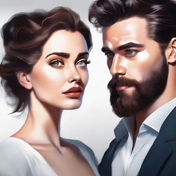 A high-quality, realistic digital art piece that compellingly depicts a woman's obsession with a handsome, bearded man