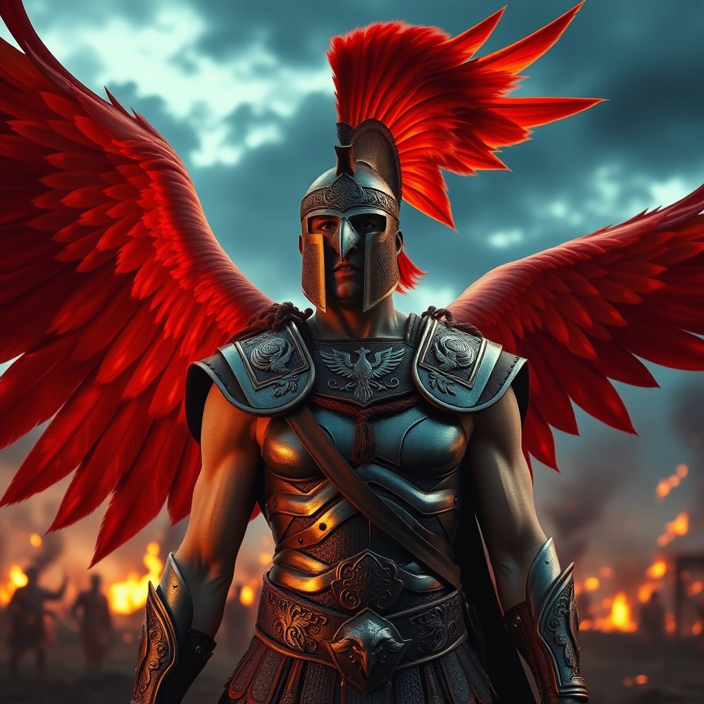 A striking phoenix warrior inspired by ancient Sparta, featuring majestic fiery wings that are vibrant shades of red, orange, and gold