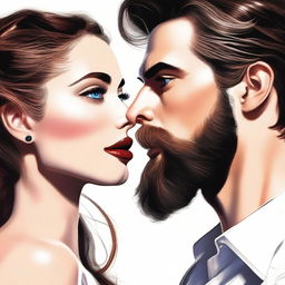 A high-quality, realistic digital art piece that compellingly depicts a woman's obsession with a handsome, bearded man