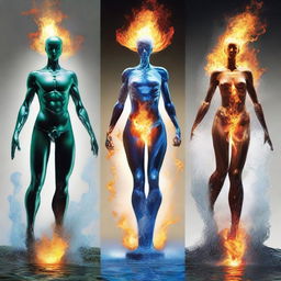 Four elemental forces embodied as humanoid figures. Earth standing strong, Fire crackling with intensity, Water flowing with grace, and Air lifting lightly. They are positioned in a dynamic equilibrium, each element beautifully distinct yet harmoniously balanced.