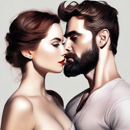 A high-quality, realistic digital art piece that compellingly depicts a woman's obsession with a handsome, bearded man