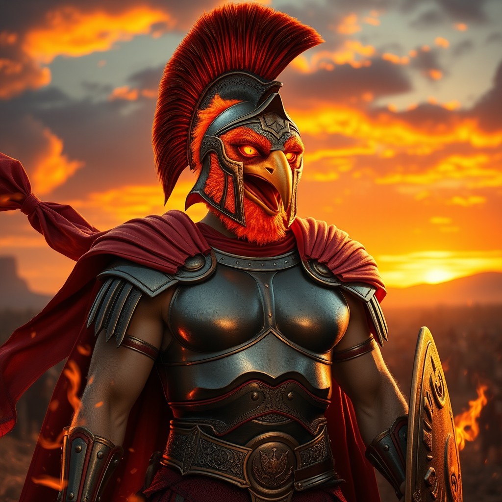 A majestic Spartan warrior with a human body and a striking phoenix face, adorned with traditional Spartan armor