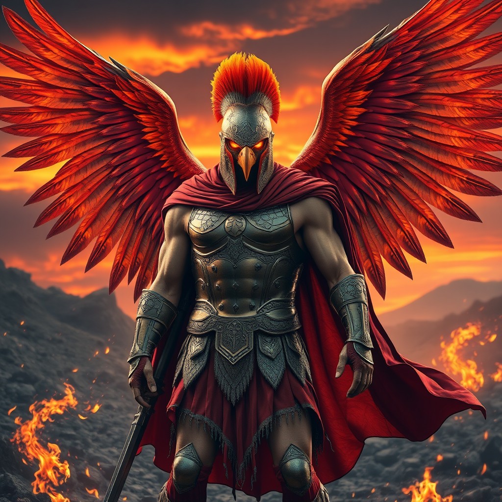 A powerful Spartan warrior with a human body, adorned with majestic wings resembling a phoenix, and a striking phoenix face