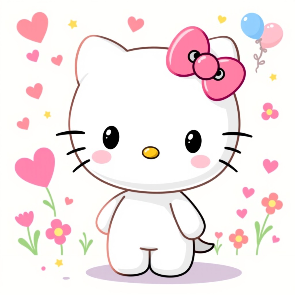 A cute, cartoon-style Hello Kitty character, standing cheerfully with a big smile, wearing a lovely pink bow on her head