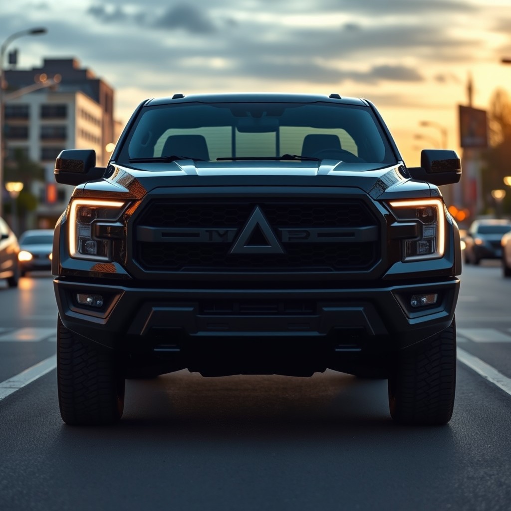 A black pickup truck with straight front headlights, prominently featuring a logo of a triangle with smaller triangles inside it