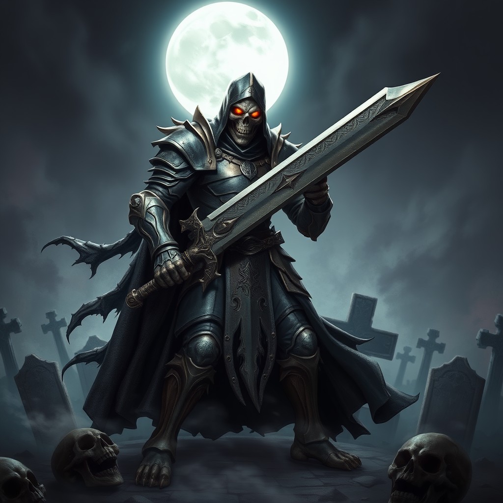 An imposing undead paladin stands in a dark, eerie graveyard, clad in tarnished armor that glimmers under a pale moonlight