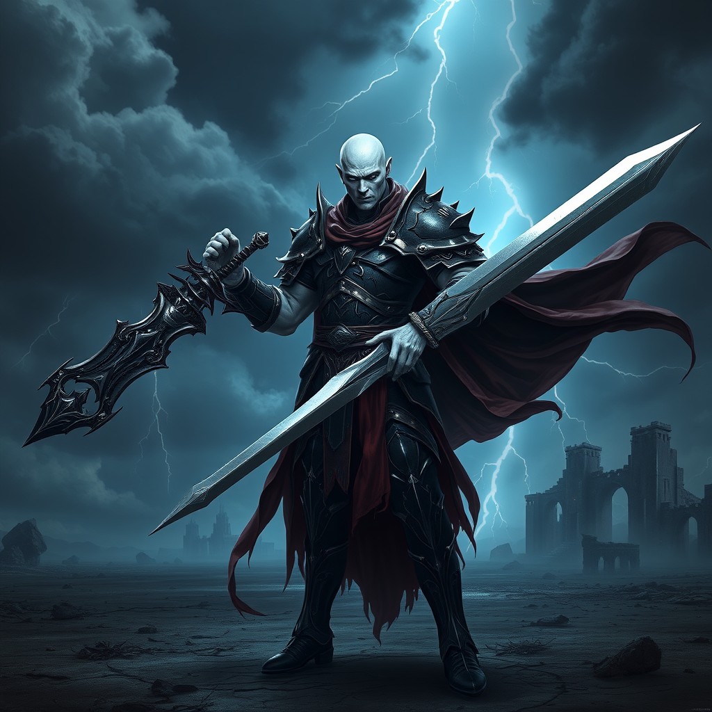 A dark, pale paladin stands confidently in a desolate battlefield, wielding an elaborate greatsword with a shimmering blade that reflects the dim light