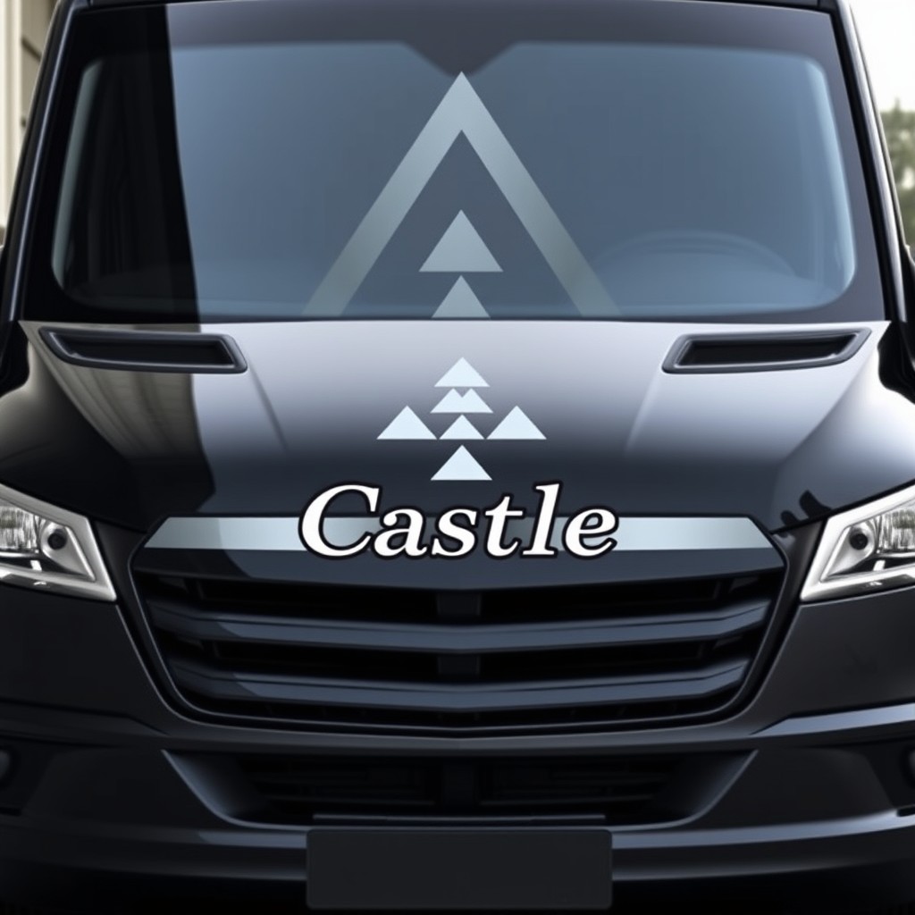 A sleek black van with straight, elongated front headlights that stretch across the entire front of the vehicle