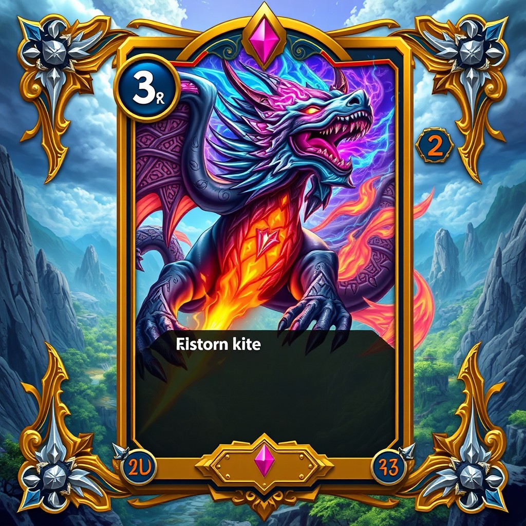 A vibrant and dynamic trading card design inspired by the Glyphs of Legends game