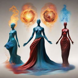 Four elemental forces embodied as humanoid figures. Earth standing strong, Fire crackling with intensity, Water flowing with grace, and Air lifting lightly. They are positioned in a dynamic equilibrium, each element beautifully distinct yet harmoniously balanced.