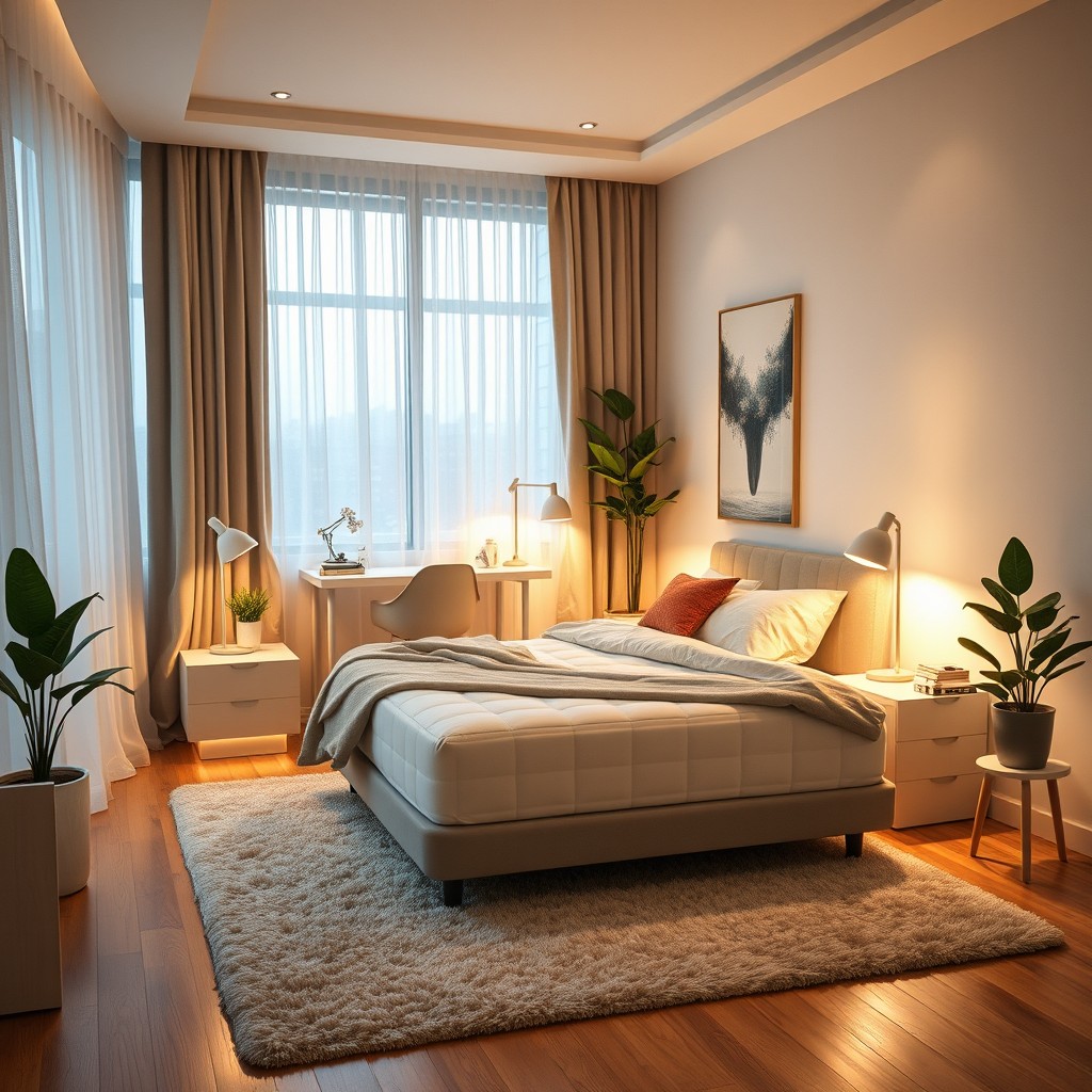 A cozy bedroom designed for a couple, featuring a double bed with a comfortable mattress, soft bedding in neutral tones, and decorative pillows