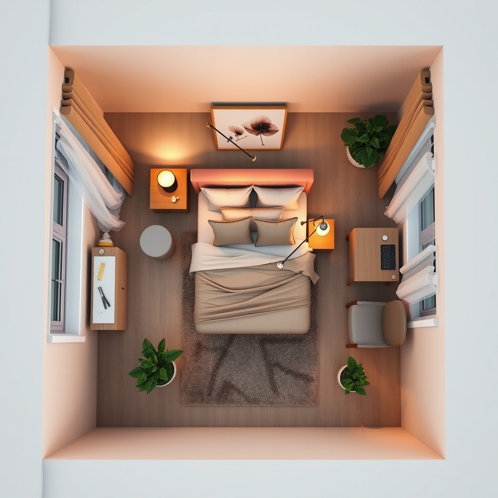 Aerial view of a cozy bedroom designed for a couple, measuring 3