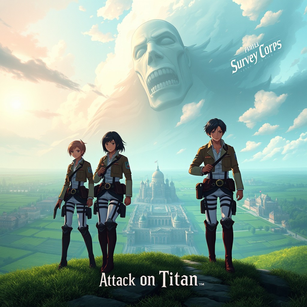 Aesthetic design inspired by the anime 'Attack on Titan', featuring iconic elements such as colossal titans looming over a medieval cityscape, lush green fields, and the famous Survey Corps logo