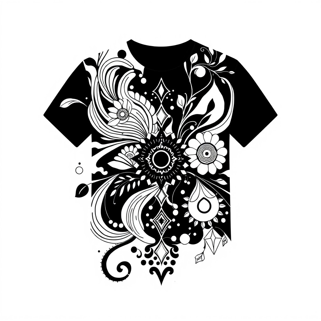 Aesthetic black and white design featuring intricate, abstract patterns and shapes ideal for DTF (Direct to Film) printing on a t-shirt